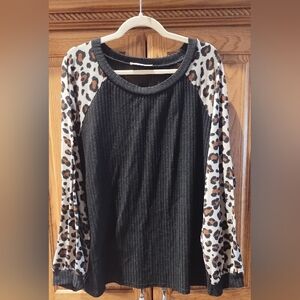 Women's Black Waffle Leopard Print Long Sleeve Top